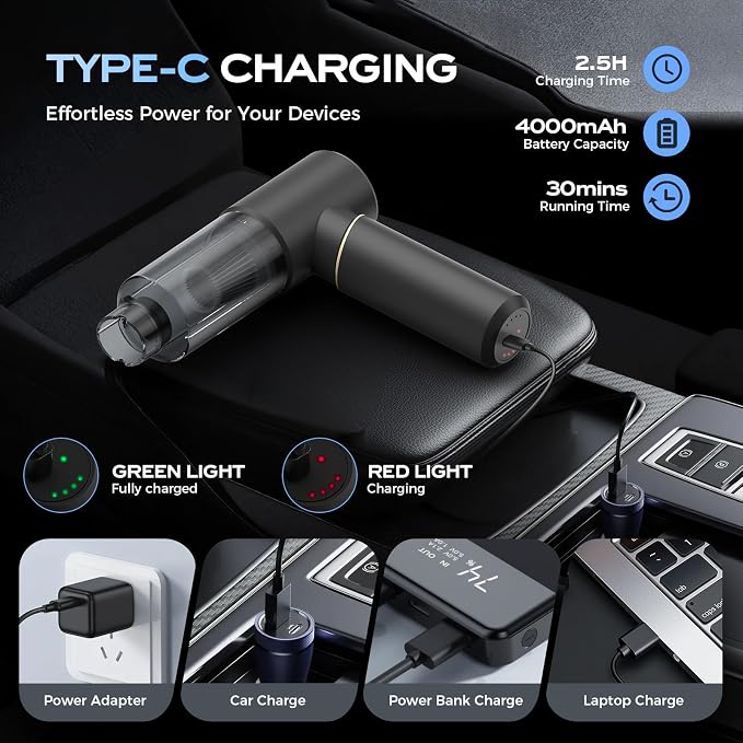 4-in-1 Handheld Vacuum Cordless – 30Min Runtime, 12KPa Suction, 1.25Lbs Lightweight, 75dB Quiet, USB-C Fast Charging