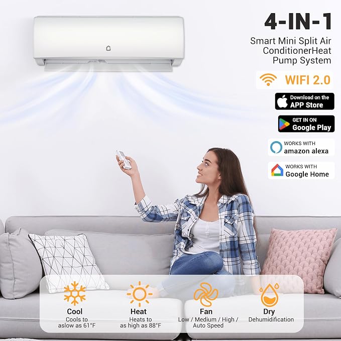 4-in-1 Mini Split Air Conditioner & Heat Pump, Year-Round Comfort for 750 Sq Ft Rooms, Energy Efficient Design with Quiet