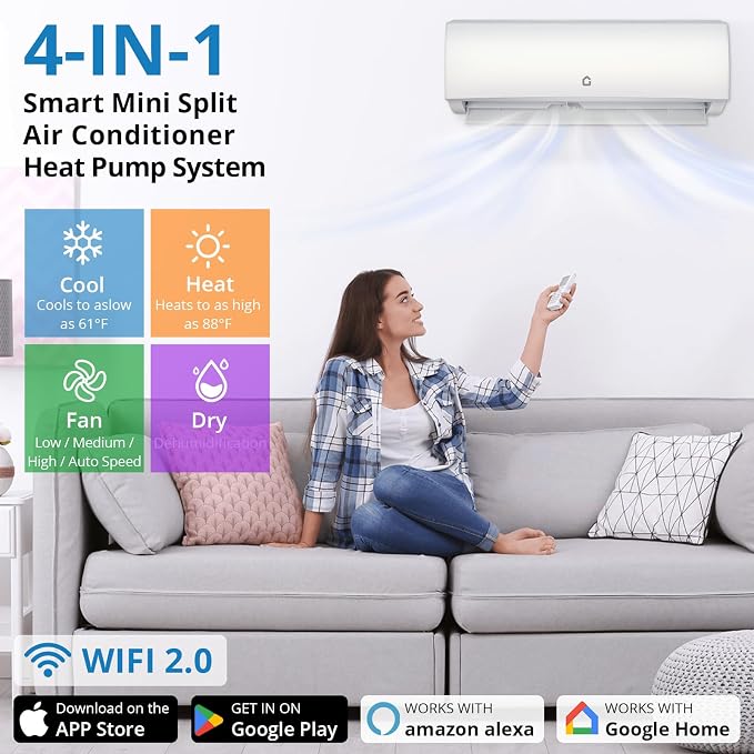 4-in-1 Mini Split Air Conditioner & Heat Pump, Year-Round Comfort for 750 Sq Ft Rooms, Energy Efficient Design with Quiet