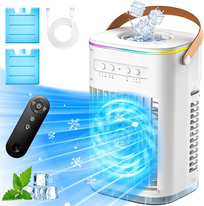 4-IN-1 Personal Air Conditioner w/Remote, 2 Ice Packs, 1200ML Tank, 7H Timer for Smart Auto-Off,2 Cool Mist,3-Speed Small