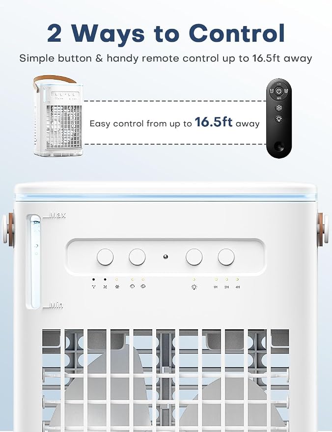4-IN-1 Personal Air Conditioner w/Remote, 2 Ice Packs, 1200ML Tank, 7H Timer for Smart Auto-Off,2 Cool Mist,3-Speed Small