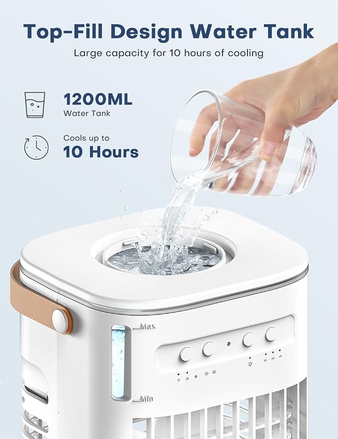 4-IN-1 Personal Air Conditioner w/Remote, 2 Ice Packs, 1200ML Tank, 7H Timer for Smart Auto-Off,2 Cool Mist,3-Speed Small