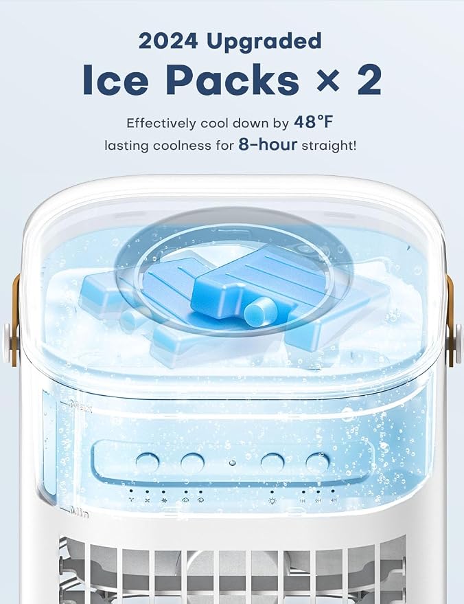 4-IN-1 Personal Air Conditioner w/Remote, 2 Ice Packs, 1200ML Tank, 7H Timer for Smart Auto-Off,2 Cool Mist,3-Speed Small