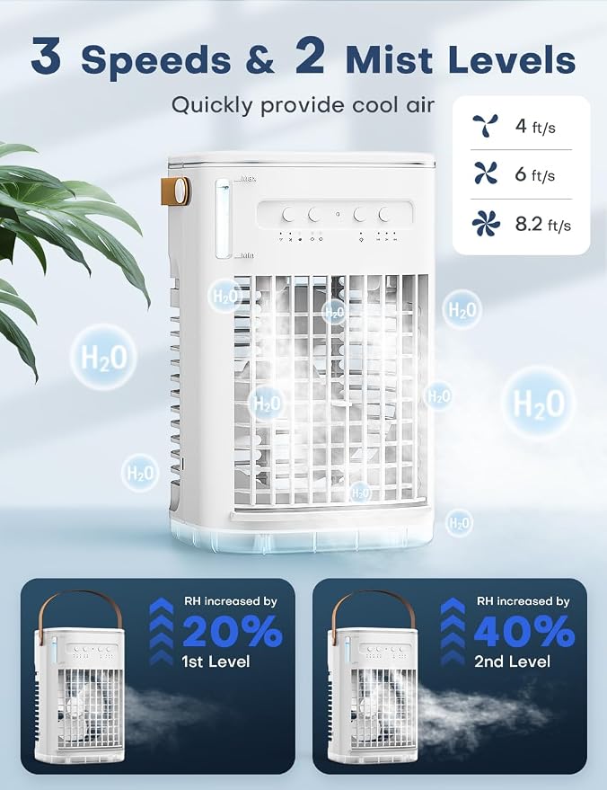 4-IN-1 Personal Air Conditioner w/Remote, 2 Ice Packs, 1200ML Tank, 7H Timer for Smart Auto-Off,2 Cool Mist,3-Speed Small