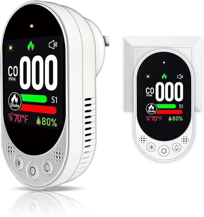 4-in-1 Plug-in Smoke & Carbon Monoxide Alarms with Digital Display Monitors CO, Smoke, Temperature, Humidity, 85dB Loud