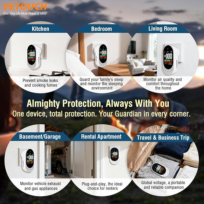 4-in-1 Plug-in Smoke & Carbon Monoxide Alarms with Digital Display Monitors CO, Smoke, Temperature, Humidity, 85dB Loud
