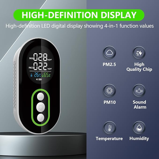 4 in 1 PM 2.5 and PM 10 Air Quality Monitor(Temp/Humidity/PM2.5/PM10), Portable PM 2.5 Detector with Alarm Function, 0~1000