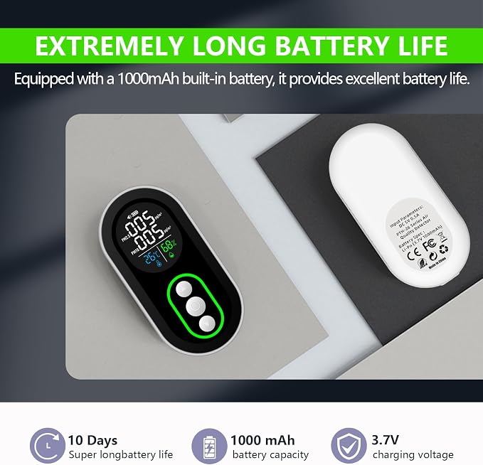 4 in 1 PM 2.5 and PM 10 Air Quality Monitor(Temp/Humidity/PM2.5/PM10), Portable PM 2.5 Detector with Alarm Function, 0~1000