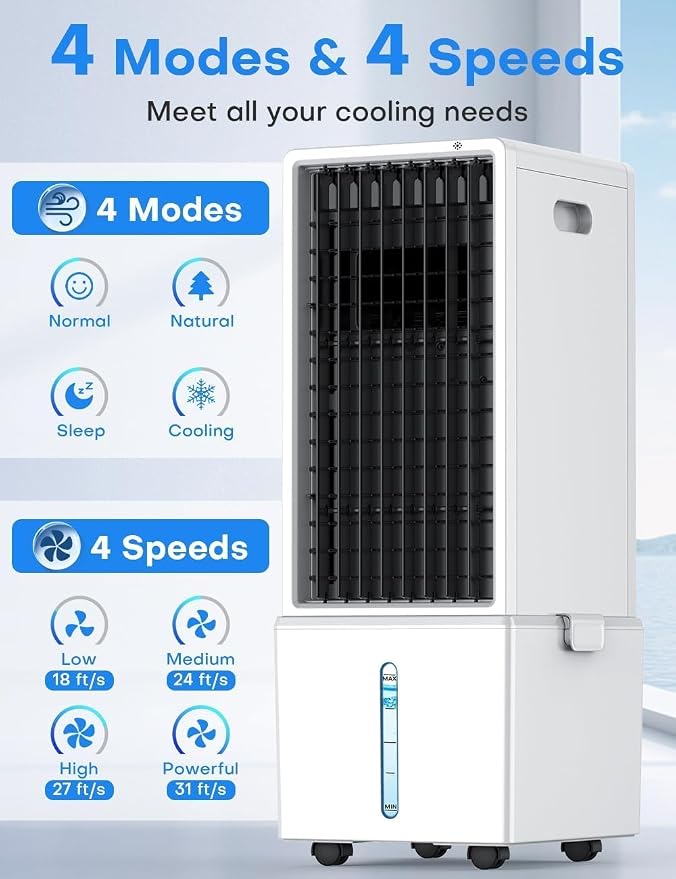 4-IN-1 Windowless Air Conditioner w/3.2-Gal Tank for 24H Cooling, 4 Wind Speeds & 4 Modes, LED Touch Screen, Waterless Alert