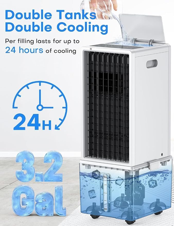 4-IN-1 Windowless Air Conditioner w/3.2-Gal Tank for 24H Cooling, 4 Wind Speeds & 4 Modes, LED Touch Screen, Waterless Alert