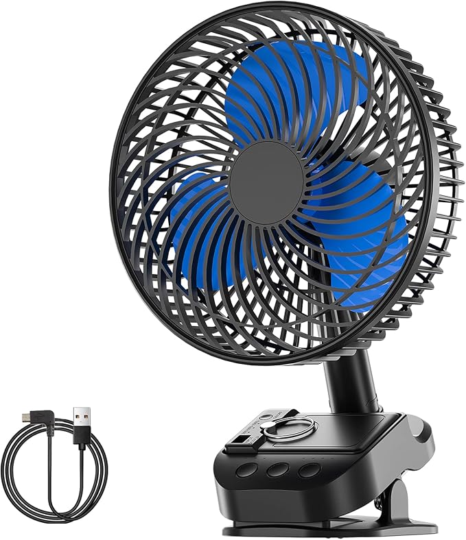 4 in1 USB Fan, 8” Clip Fan, 10000mAh Rechargeable Table Fan, 5 Speeds Battery Operated Fan, 45°/90° Automatic Rotation, 3
