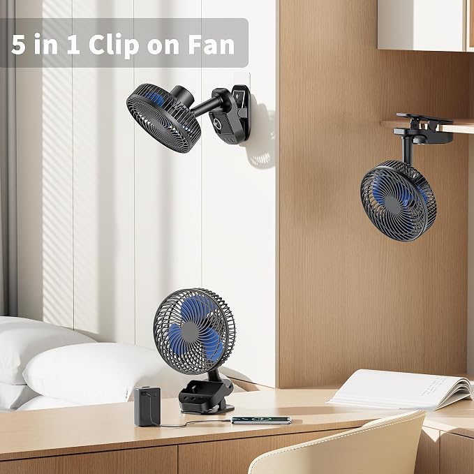4 in1 USB Fan, 8” Clip Fan, 10000mAh Rechargeable Table Fan, 5 Speeds Battery Operated Fan, 45°/90° Automatic Rotation, 3