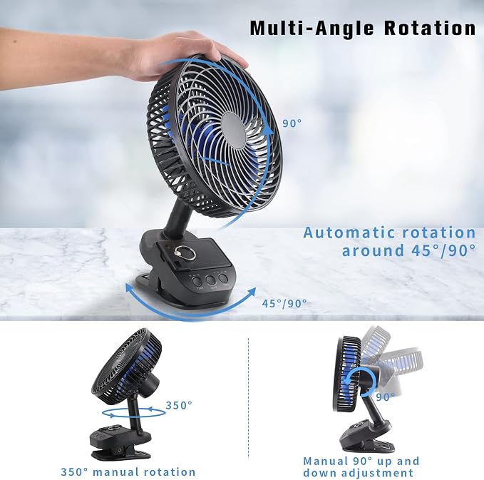 4 in1 USB Fan, 8” Clip Fan, 10000mAh Rechargeable Table Fan, 5 Speeds Battery Operated Fan, 45°/90° Automatic Rotation, 3