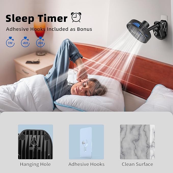 4 in1 USB Fan, 8” Clip Fan, 10000mAh Rechargeable Table Fan, 5 Speeds Battery Operated Fan, 45°/90° Automatic Rotation, 3