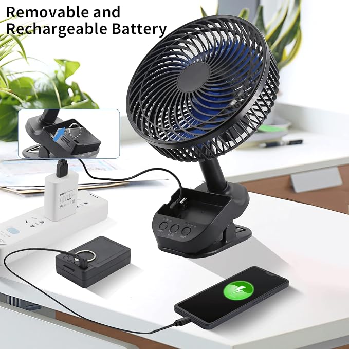 4 in1 USB Fan, 8” Clip Fan, 10000mAh Rechargeable Table Fan, 5 Speeds Battery Operated Fan, 45°/90° Automatic Rotation, 3