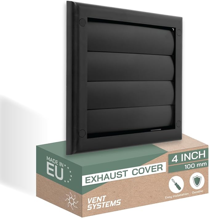 4" Inch (7.5'' x 7.5") Exhaust Vent Cover - Black - Dryer Vent Hood - Louvered Dryer Duct Vent Cover - Vent Hood Cap