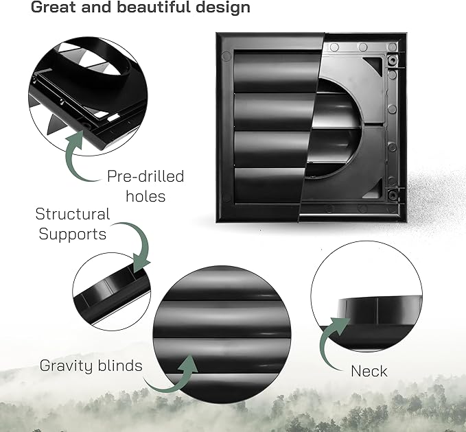 4" Inch (7.5'' x 7.5") Exhaust Vent Cover - Black - Dryer Vent Hood - Louvered Dryer Duct Vent Cover - Vent Hood Cap
