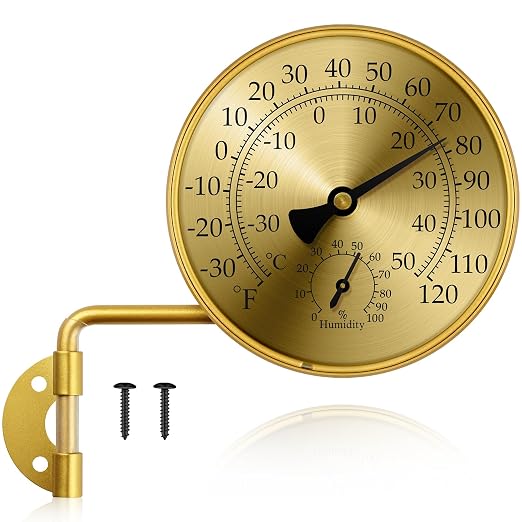 4 Inch Analog Outdoor Thermometer Hygrometer, Brass Mechanical Weather Station with Rotatable Wall Mount, Waterproof Large