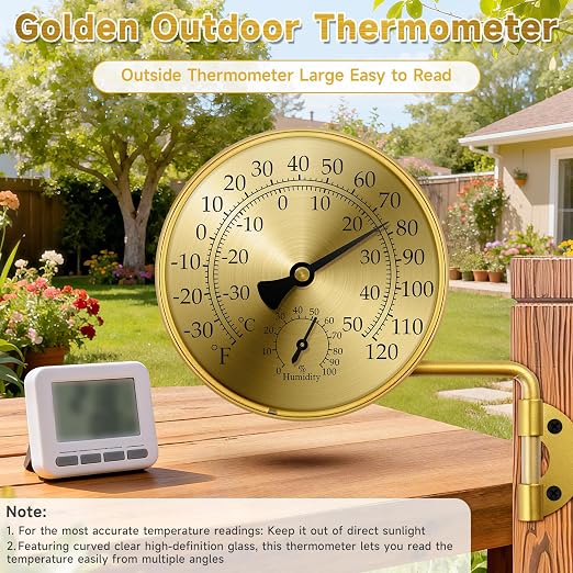 4 Inch Analog Outdoor Thermometer Hygrometer, Brass Mechanical Weather Station with Rotatable Wall Mount, Waterproof Large
