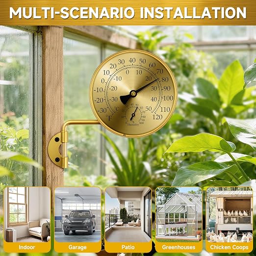 4 Inch Analog Outdoor Thermometer Hygrometer, Brass Mechanical Weather Station with Rotatable Wall Mount, Waterproof Large