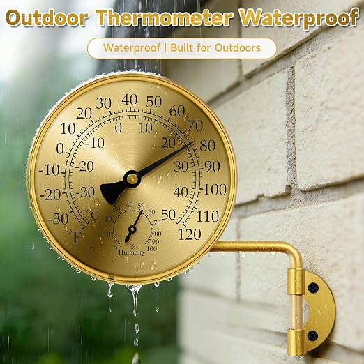 4 Inch Analog Outdoor Thermometer Hygrometer, Brass Mechanical Weather Station with Rotatable Wall Mount, Waterproof Large