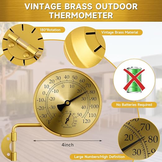 4 Inch Analog Outdoor Thermometer Hygrometer, Brass Mechanical Weather Station with Rotatable Wall Mount, Waterproof Large