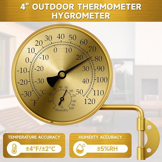 4 Inch Analog Outdoor Thermometer Hygrometer, Brass Mechanical Weather Station with Rotatable Wall Mount, Waterproof Large