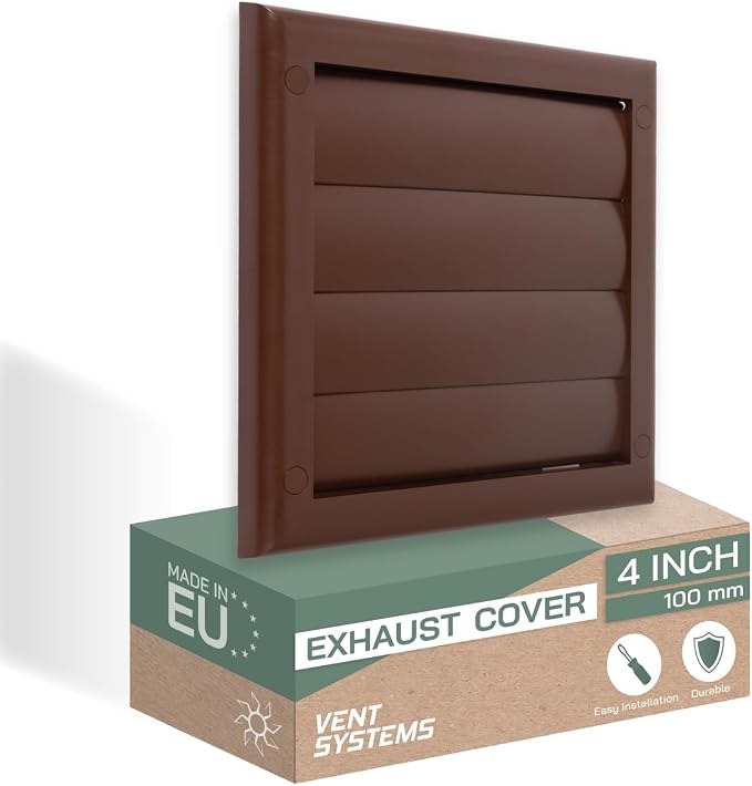 4" Inch Brown Exhaust Vent Cover – Durable ABS Plastic Louvered Square Exterior Hood with Gravity Flaps and Flange