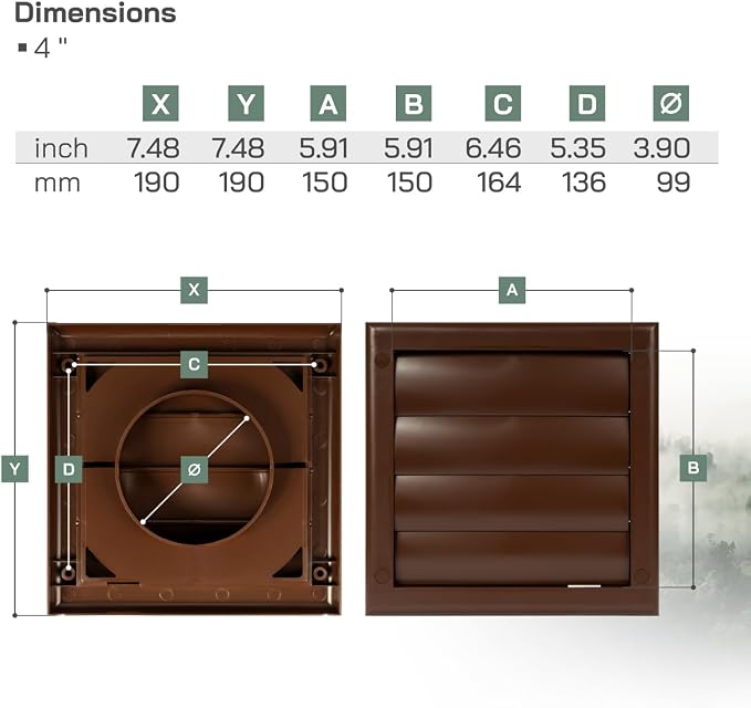 4" Inch Brown Exhaust Vent Cover – Durable ABS Plastic Louvered Square Exterior Hood with Gravity Flaps and Flange