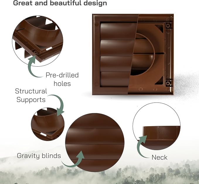 4" Inch Brown Exhaust Vent Cover – Durable ABS Plastic Louvered Square Exterior Hood with Gravity Flaps and Flange