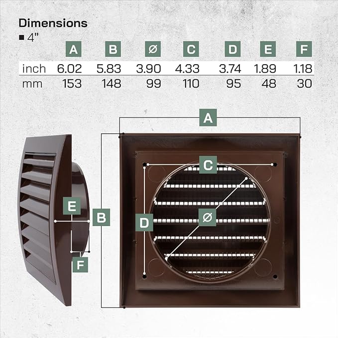 4” Inch Brown Plastic Soffit Vent Cover – Heavy-Duty Louvered Exterior Dryer Vent Cover with Protective Mesh Screen – HVAC