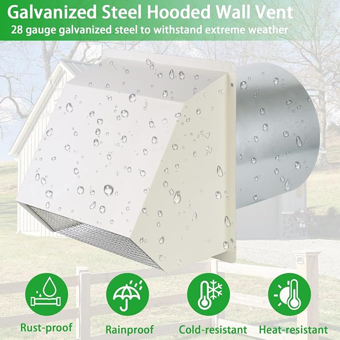 4 Inch Dryer Vent Cover Outside Hooded Wall Vent with Screen and Damper, Exhaust Vent Wall Mount Exterior Wall Vents Cover