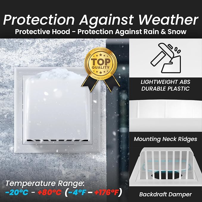 4 Inch Dryer Vent Cover Outside with Backdraft Damper - White ABS Plastic Exhaust Vent Hood - Wall Vent Cover - Outside Dryer