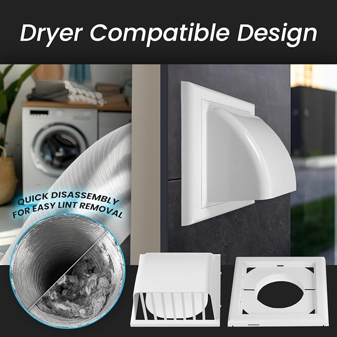 4 Inch Dryer Vent Cover Outside with Backdraft Damper - White ABS Plastic Exhaust Vent Hood - Wall Vent Cover - Outside Dryer