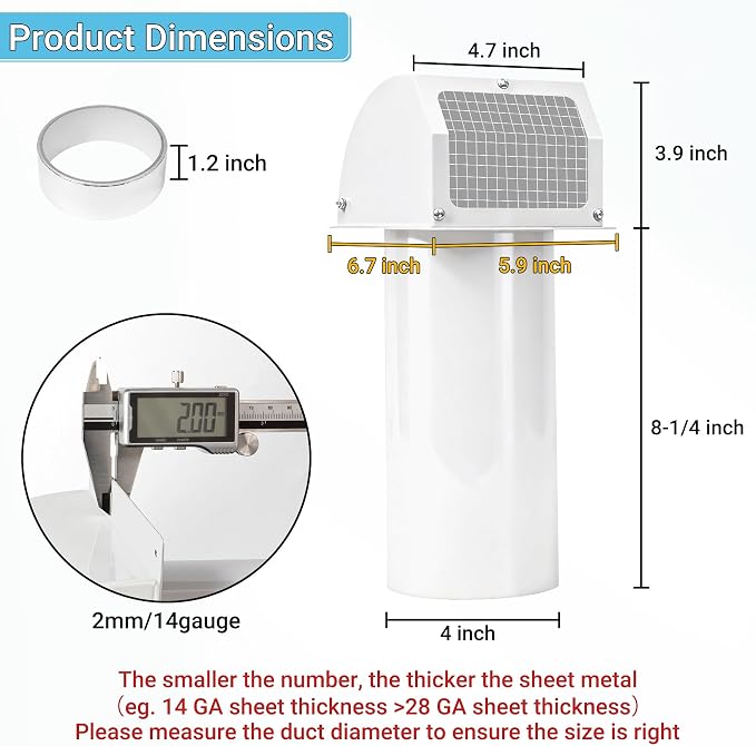 4 Inch Hooded Wall Vent with Screen, Damper, 8-1/4" Length Duct, 14 Gauge Steel Vent Covers for Wall, Wall Vent, alternate