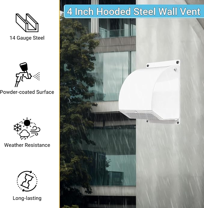 4 Inch Hooded Wall Vent with Screen, Damper, 8-1/4" Length Duct, 14 Gauge Steel Vent Covers for Wall, Wall Vent, alternate