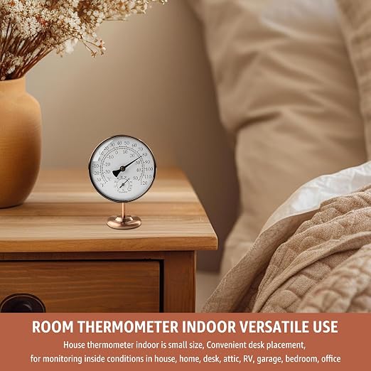 4-Inch Indoor Thermometer and Humidity Gauge, Room Analog Temperature and Humidity Monitor, Dual Scale Display, Brass Dial