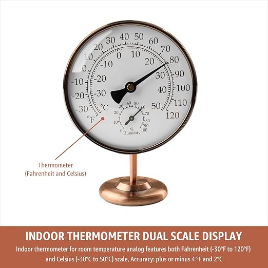 4-Inch Indoor Thermometer and Humidity Gauge, Room Analog Temperature and Humidity Monitor, Dual Scale Display, Brass Dial