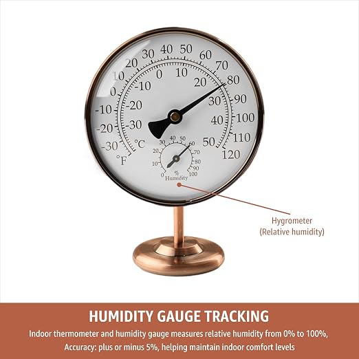 4-Inch Indoor Thermometer and Humidity Gauge, Room Analog Temperature and Humidity Monitor, Dual Scale Display, Brass Dial