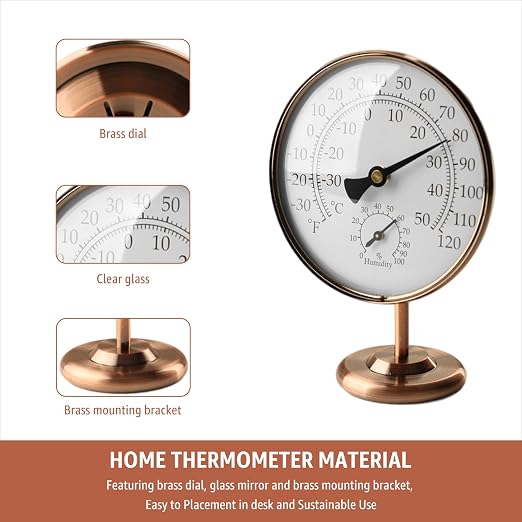 4-Inch Indoor Thermometer and Humidity Gauge, Room Analog Temperature and Humidity Monitor, Dual Scale Display, Brass Dial