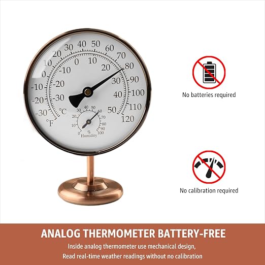 4-Inch Indoor Thermometer and Humidity Gauge, Room Analog Temperature and Humidity Monitor, Dual Scale Display, Brass Dial