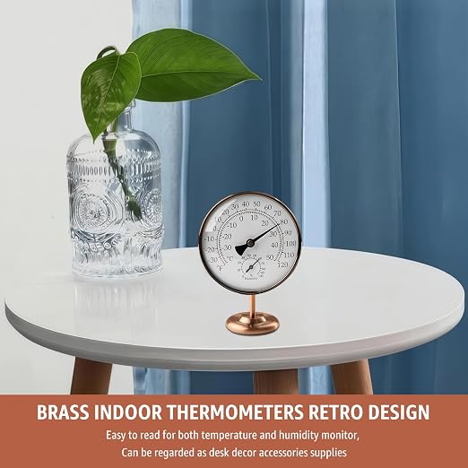 4-Inch Indoor Thermometer and Humidity Gauge, Room Analog Temperature and Humidity Monitor, Dual Scale Display, Brass Dial