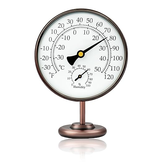 4 Inch Indoor Thermometer with Humidity Reading, Brass Indoor Temperature Gauge with Stand, Room Analog Temperature and
