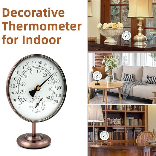 4 Inch Indoor Thermometer with Humidity Reading, Brass Indoor Temperature Gauge with Stand, Room Analog Temperature and