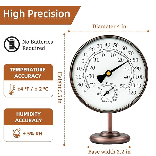 4 Inch Indoor Thermometer with Humidity Reading, Brass Indoor Temperature Gauge with Stand, Room Analog Temperature and