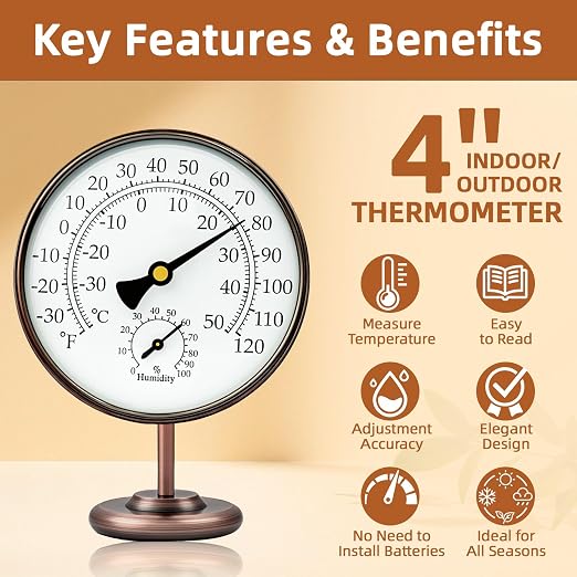 4 Inch Indoor Thermometer with Humidity Reading, Brass Indoor Temperature Gauge with Stand, Room Analog Temperature and