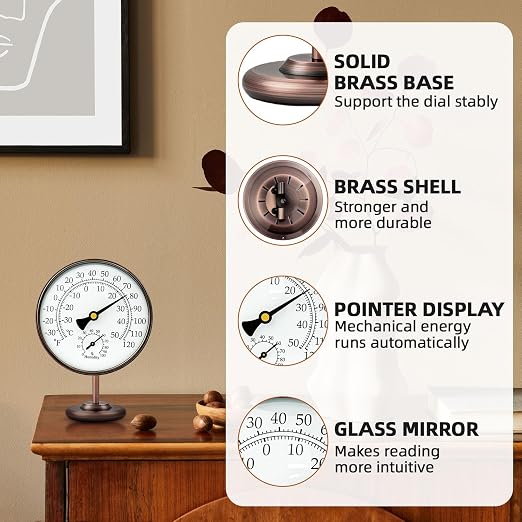 4 Inch Indoor Thermometer with Humidity Reading, Brass Indoor Temperature Gauge with Stand, Room Analog Temperature and