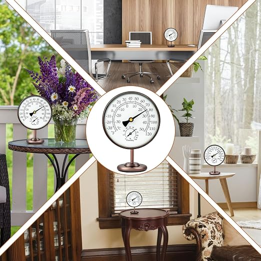 4 Inch Indoor Thermometer with Humidity Reading, Brass Indoor Temperature Gauge with Stand, Room Analog Temperature and