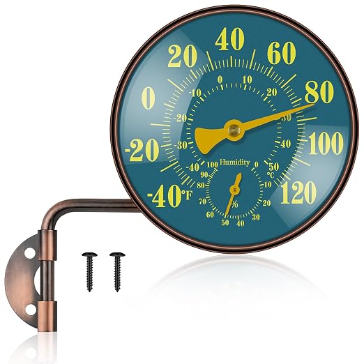 4 Inch Outdoor Thermometer Hygrometer, Brass Retro Patio Thermometer, Waterproof Temperature Gauge with Easy-to-Read Dial