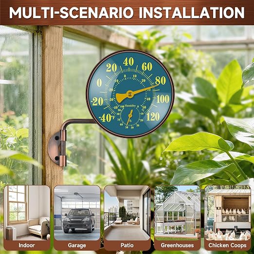 4 Inch Outdoor Thermometer Hygrometer, Brass Retro Patio Thermometer, Waterproof Temperature Gauge with Easy-to-Read Dial